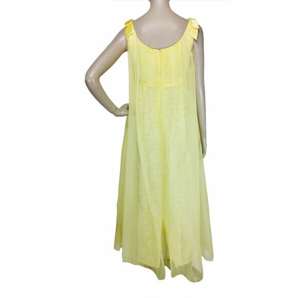 VTG 60s Yellow Floral Lace Chiffon Organza Cape Train Shoulder Bows Maxi Dress - Picture 9 of 12